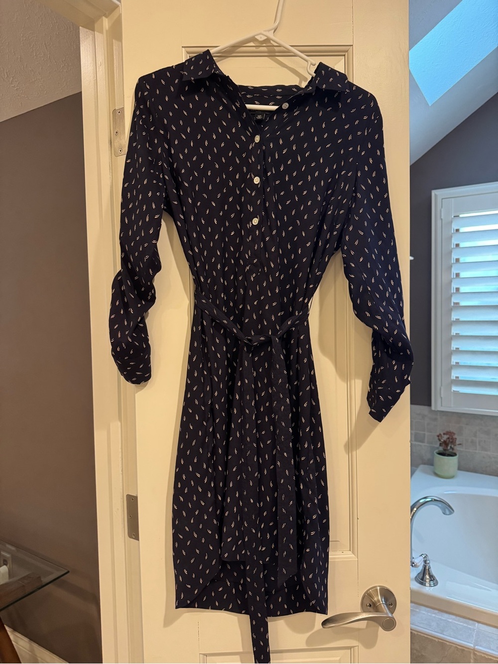 Ann Taylor Navy Button-Front Printed Shirt Dress with Tie Waist